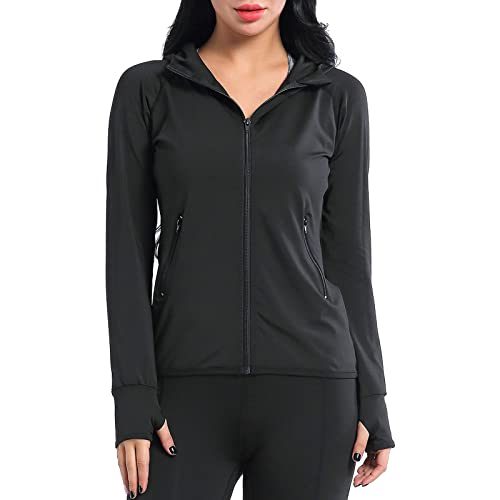 AMZSPORT Chaqueta Deportiva para Mujer Sudadera con Capucha y Cremallera de Manga Negro L