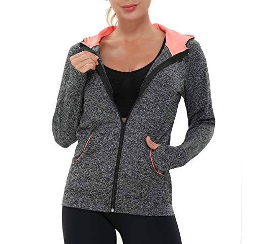 AMZSPORT Chaqueta Deportiva Mujer, Sudadera Capucha Running Cremallera con Agujeros para los...