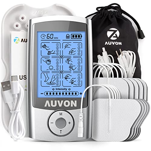 AUVON TENS Electroestimulador recargable con 24 programas, 2 canales y 10 Electrodos TENS con...